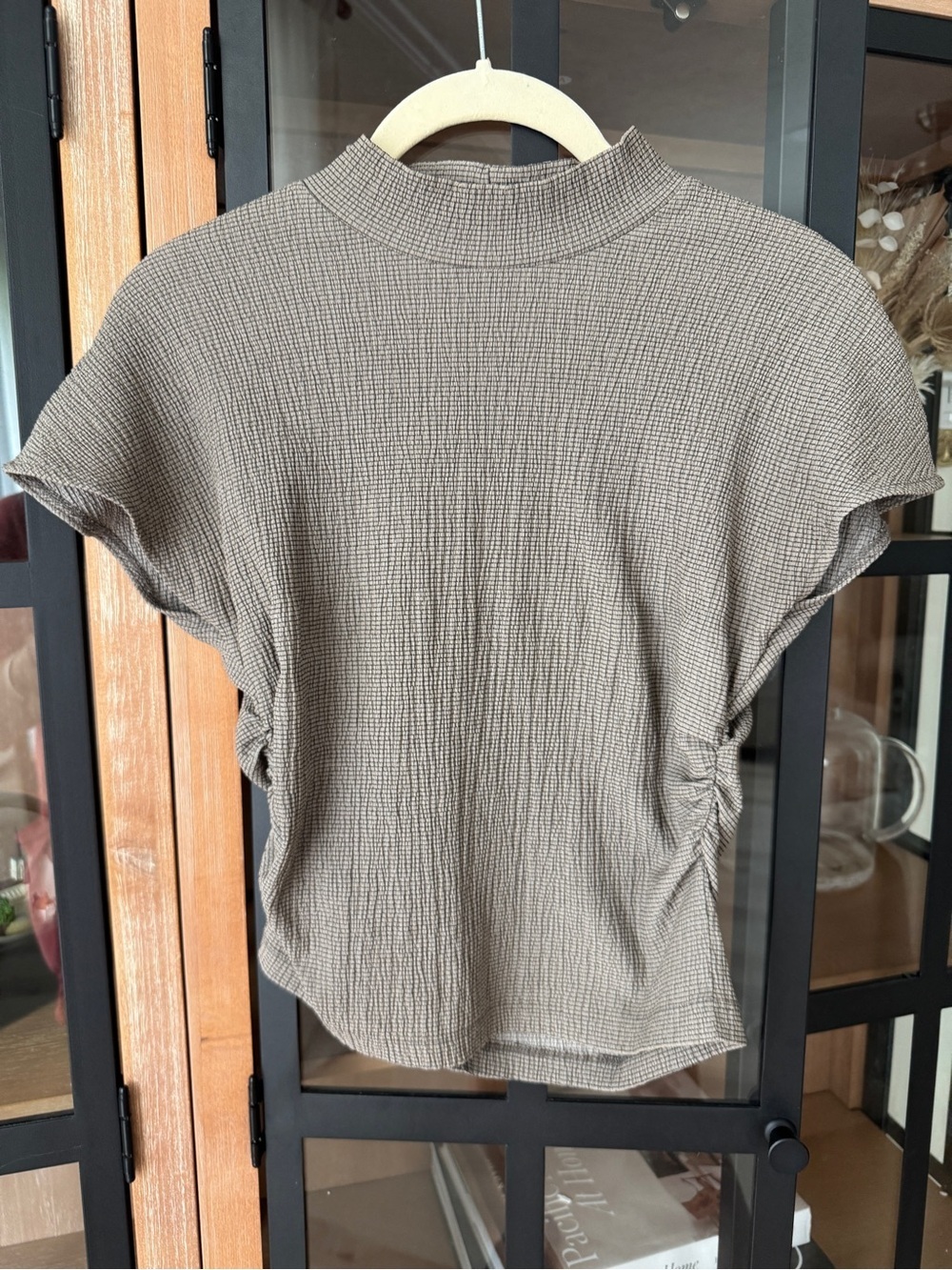 Zara ruched top textured gathered mock neck short sleeve neutral taupe